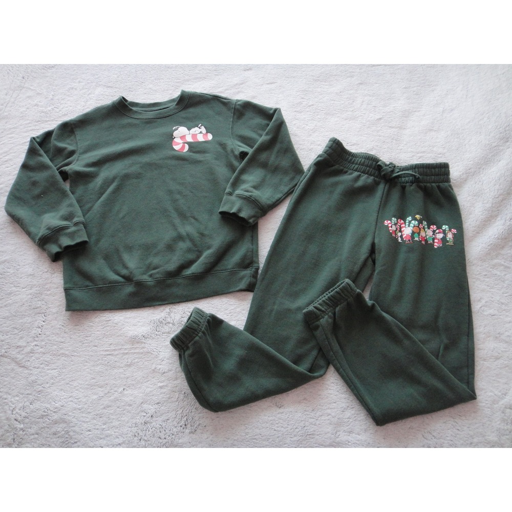 Peanuts Snoopy Christmas Sweatshirt Joggers Set Kids Medium Green Holiday Fleece